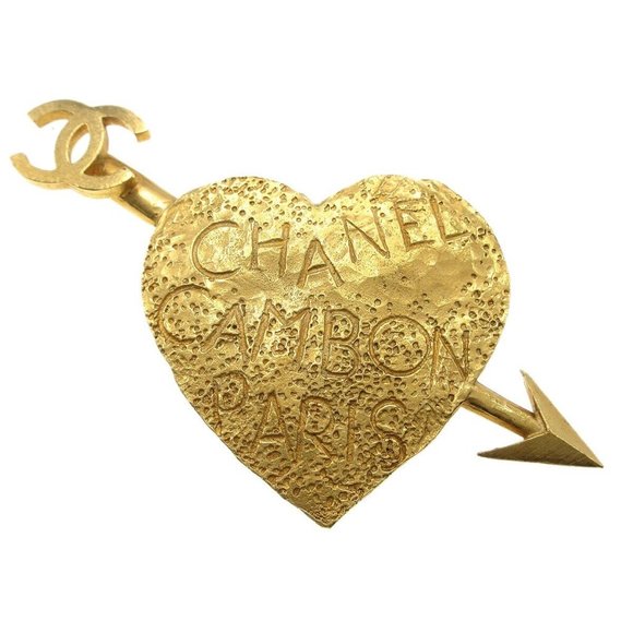 Chanel Bow And Arrow Heart Brooch Pin Gold 93P 59836 - Picture 1 of 5